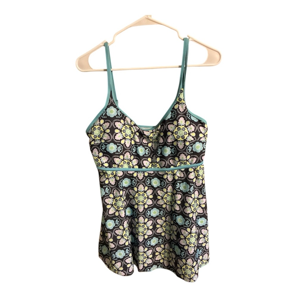 Floral Bathing Suit with Aqua Trim and Black Bottoms